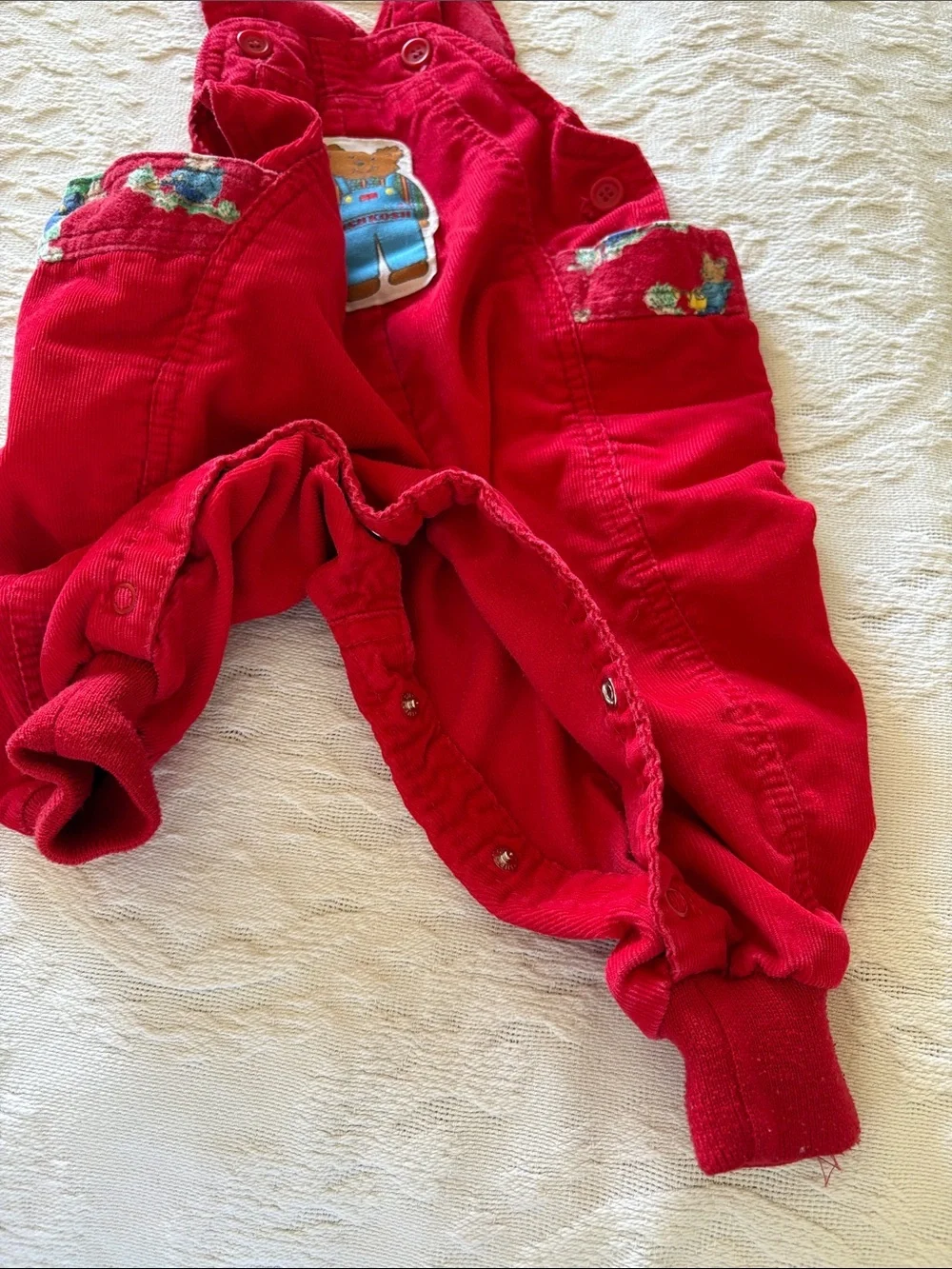 OshKosh Vintage Unisex Red Corduroy Toddler Overalls with Bear Patch 18M